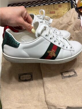 Gucci White Leather Women's Sneakers with Green & Red Web and Gold Bee
